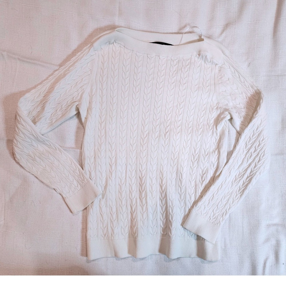 Tommy Hilfiger Womens Ivory White Cable Knit Boatneck Cotton Sweater Small
